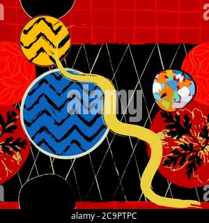 seamless geometric background pattern, with circles, strokes, splashes and leaves Stock Vector