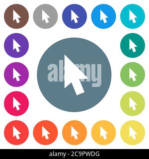Mouse cursor flat white icons on round color backgrounds. 17 background color variations are included. Stock Vector