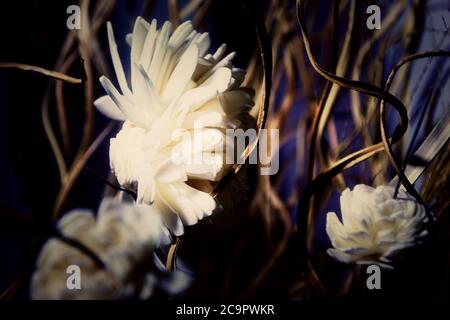 from dry straw, leaves and artificial flowers blurred background Stock Photo