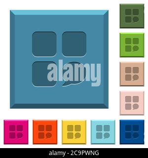 Message component engraved icons on edged square buttons in various trendy colors Stock Vector