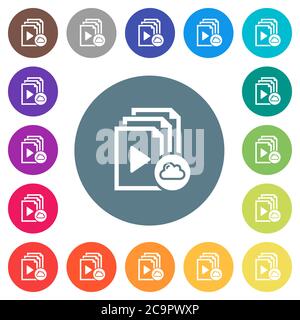 Cloud playlist flat white icons on round color backgrounds. 17 background color variations are included. Stock Vector