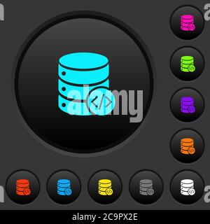 Database programming dark push buttons with vivid color icons on dark grey background Stock Vector