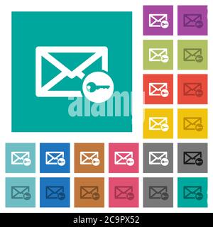 Secure mail multi colored flat icons on plain square backgrounds. Included white and darker icon variations for hover or active effects. Stock Vector