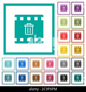 Delete movie flat color icons with quadrant frames on white background Stock Vector