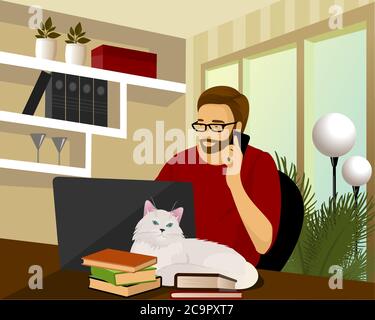 Beard man using laptop flat vector illustration. Working from home workplace, remote job, freelancer. Online shopping. Pet. Cat sleeping on owner Stock Vector