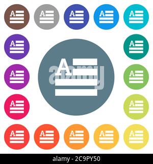 Text initials flat white icons on round color backgrounds. 17 background color variations are included. Stock Vector