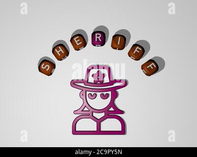 3D illustration of sheriff graphics and text around the icon made by metallic dice letters for the related meanings of the concept and presentations. cowboy and wild Stock Photo