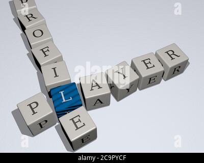 crosswords of video games: PLAYER PROFILE arranged by cubic letters on a mirror floor, concept meaning and presentation. illustration and ball. 3D illustration Stock Photo