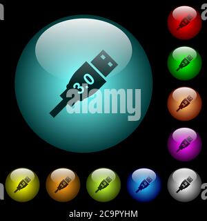 High speed USB icons in color illuminated spherical glass buttons on black background. Can be used to black or dark templates Stock Vector