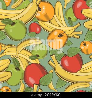 Colored seamless pattern with bananas and apples in vintage style Stock Vector