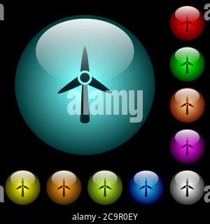 Wind turbine icons in color illuminated spherical glass buttons on black background. Can be used to black or dark templates Stock Vector