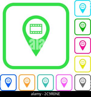 Cinema GPS map location vivid colored flat icons in curved borders on white background Stock Vector