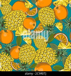 Colored seamless pattern with pineapples and oranges in vintage style Stock Vector