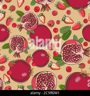 Colored seamless pattern with pomegranates and various berries in vintage style Stock Vector