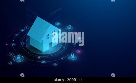 Smart Home Connection with Control Devices Icons. IOT Concept. System Intelligent Control House on Blue Background. Vector Illustration Stock Vector