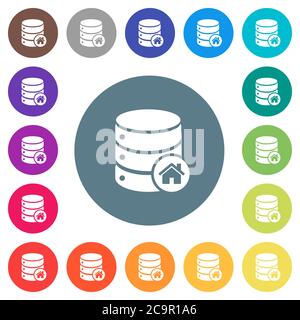Default database flat white icons on round color backgrounds. 17 background color variations are included. Stock Vector
