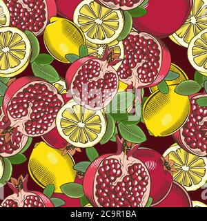 Colored seamless pattern with pomegranates and lemons in vintage style Stock Vector