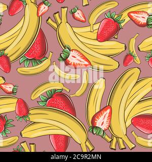 Colored seamless pattern with bananas and strawberries in vintage style Stock Vector