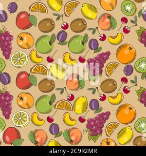 Colored seamless pattern with different fruits in vintage style Stock Vector