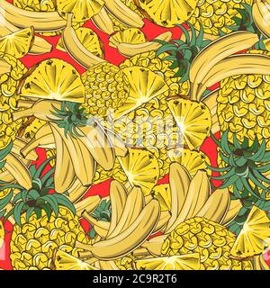 Colored seamless pattern with pineapples and bananas in vintage style Stock Vector