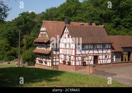 BAD SOBERNHEIM, GERMANY - JUNE 26, 2020: Panoramic image of old half-timber houses, village outdoor museum in Bad Sobernheim on June 26, 2020 in Germa Stock Photo