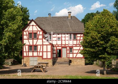 BAD SOBERNHEIM, GERMANY - JUNE 26, 2020: Panoramic image of old half-timber houses, village outdoor museum in Bad Sobernheim on June 26, 2020 in Germa Stock Photo