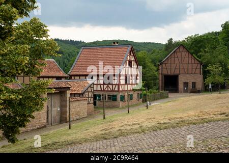 BAD SOBERNHEIM, GERMANY - JUNE 26, 2020: Panoramic image of old half-timber houses, village outdoor museum in Bad Sobernheim on June 26, 2020 in Germa Stock Photo