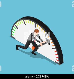 Flat 3d isometric businessman trying to push meter to the maximum position. Aspiration and business success concept. Stock Vector