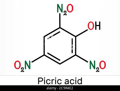 Picric acid ( 2,4,6-trinitrophenol, TNP, C6H3N3O7) molecule. It has a role as an explosive, an antiseptic drug. Skeletal chemical formula. Illustratio Stock Photo