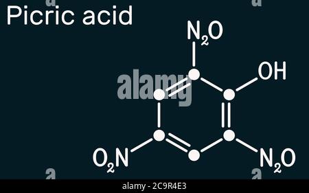 Picric acid , TNP,molecule. It has a role as an explosive, an antiseptic drug. Skeletal chemical formula on the dark blue background. Illustration Stock Photo