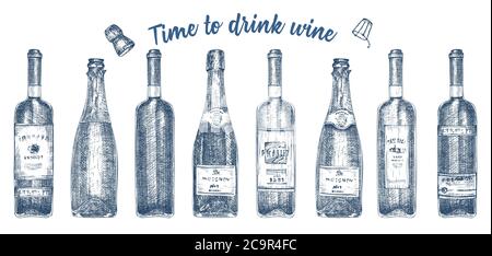Set hand drawn sketch glasses bottle red wine, champagne on white background. Vintage vector design for bar, restaurant, cafe menu Engraving art for Stock Vector