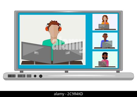 Laptop with online webinar, class or course.Keep distance in public society to protect from coronavirus spreading.Party from home via videocall.Vector Stock Vector
