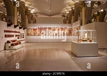 Medieval Romanesque Art Exhibition in National Art Museum of Catalonia (Museu Nacional d'Art de Catalunya, MNAC) in Barcelona, Spain