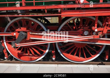 Express steam locomotive Pt47-104 driving wheels from 1949 in Station Museum (Stacja Muzeum) in Warsaw, Poland Stock Photo