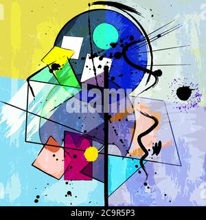 abstract geometric background illustration, with circles, paint strokes and splashes Stock Vector