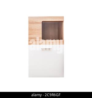 Wooden cabinet for office isolated on white background. Small new woods closed sideboard front view, minimal scandinavian style Stock Photo