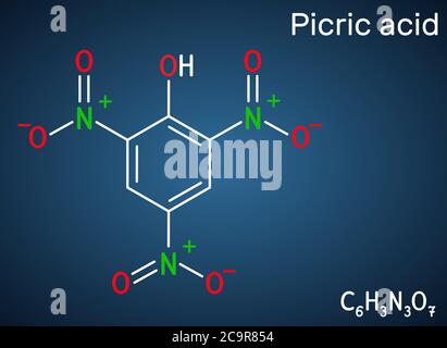 Picric acid ( 2,4,6-trinitrophenol, TNP, C6H3N3O7) molecule. It has a role as an explosive, an antiseptic drug. Structural chemical formula on the dar Stock Vector