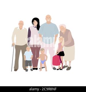 Happy family mother father children and grandparents. Mother and father family, husband and wife with daughter son. Vector illustration. Generation ch Stock Vector