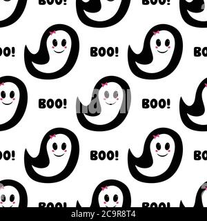 Cute girl ghost with pink blush, bow and boo word. Halloween seamless pattern. Isolated on white background. Vector stock illustration. Stock Vector