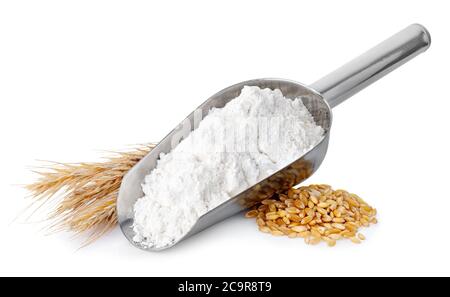 scoop with flour isolated on white Stock Photo