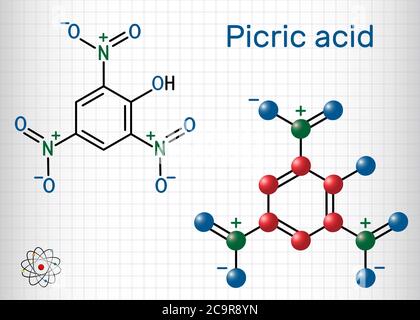 Picric acid ( 2,4,6-trinitrophenol, TNP, C6H3N3O7) molecule. It has a role as an explosive, an antiseptic drug. Structural chemical formula and molecu Stock Vector