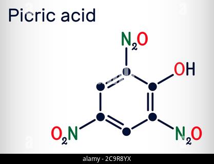 Picric acid ( 2,4,6-trinitrophenol, TNP, C6H3N3O7) molecule. It has a role as an explosive, an antiseptic drug. Skeletal chemical formula. Vector illu Stock Vector