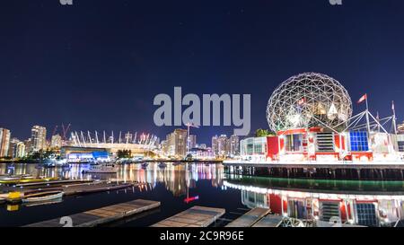 A night view of the distinctive dome of Science World at Telus World of Science in Vancouver, British Columbia, Canada. Stock Photo