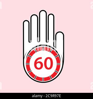 raised, open hand with a watch on it. Time for rest or break, pause. 60 minutes or seconds. Flat design. Stock Vector