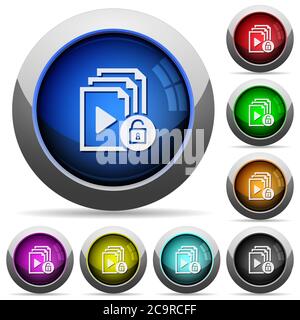 Unlock playlist icons in round glossy buttons with steel frames Stock Vector