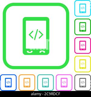 Mobile scripting vivid colored flat icons in curved borders on white background Stock Vector