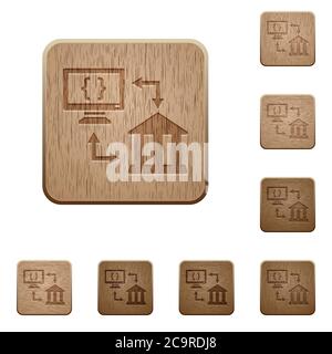 Open banking API on rounded square carved wooden button styles Stock Vector