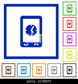 Mobile clock flat color icons in square frames on white background Stock Vector