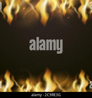 Border frame fire banner with place for text. Vector combustion glowing, flaming ignition, transparency inferno dangerous warm illustration Stock Vector