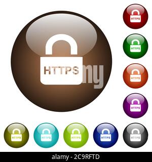 Secure https protocol white icons on round color glass buttons Stock Vector